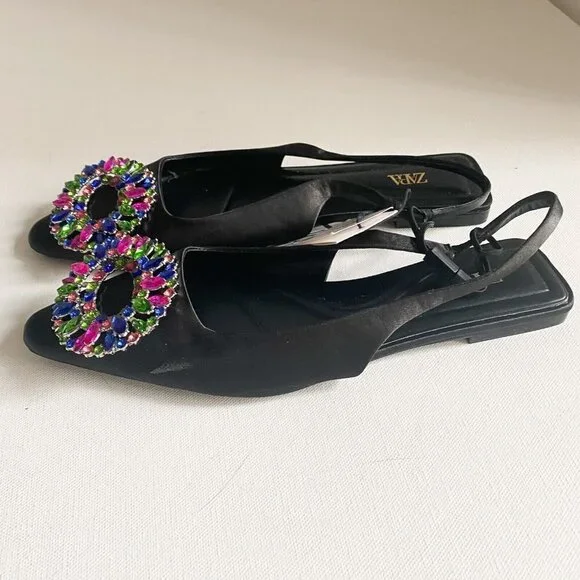 Zara Colourful  Rhiniestone Detail Balck Satin Flats 37 - Picture 5 of 6